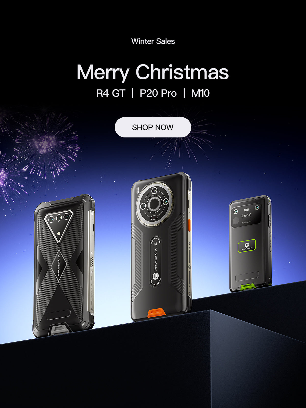 Phonemax rugged phone lineup arranged in a dark blue Christmas promotional display