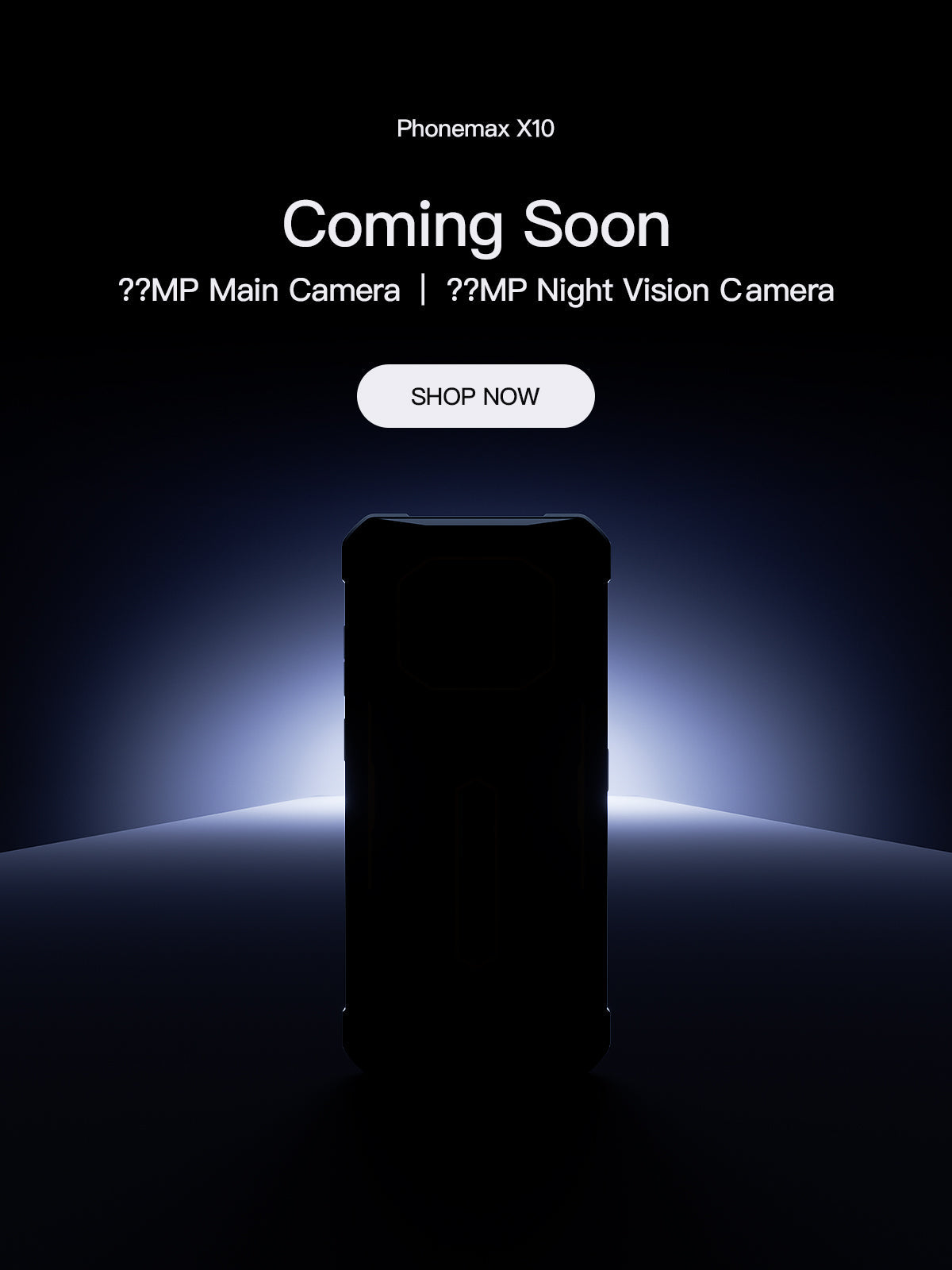 Phonemax smartphone silhouette in a coming-soon graphic for new main and night vision cameras