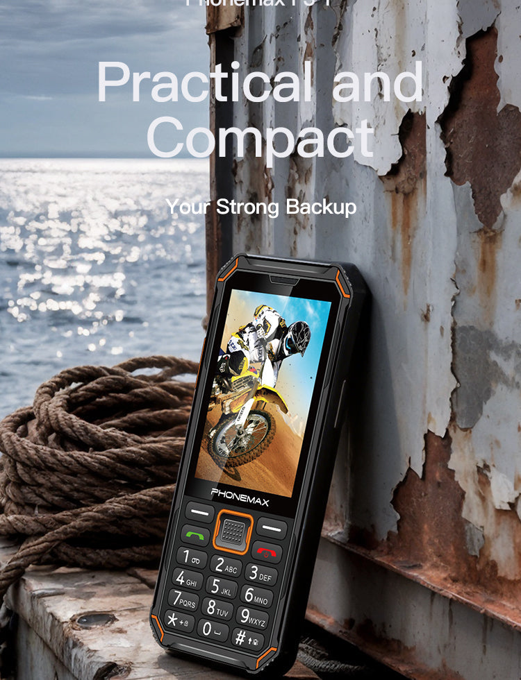 Phonemax F3 T rugged keypad phone beside marine rope, highlighting its compact backup design