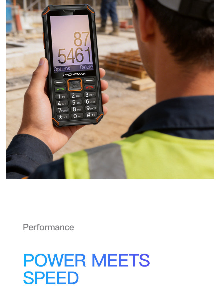 Phonemax F3 T rugged keypad phone held by a worker with a navigation display on screen