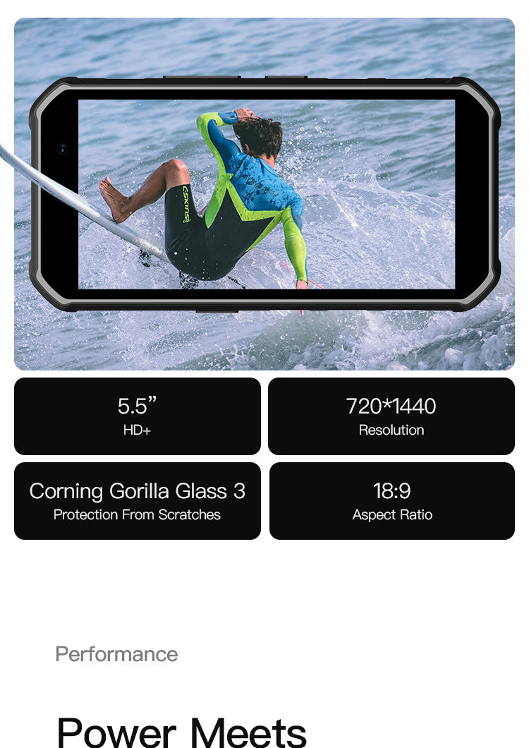 Phonemax X3 rugged smartphone performance graphic highlighting its display and reinforced body