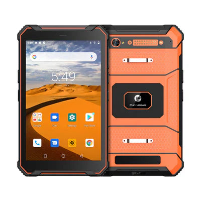 Orange Phonemax T1 Pro rugged tablet shown from the front and rear