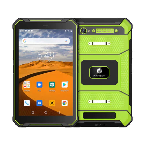 Green Phonemax T1 Pro rugged tablet shown from the front and rear with reinforced corners