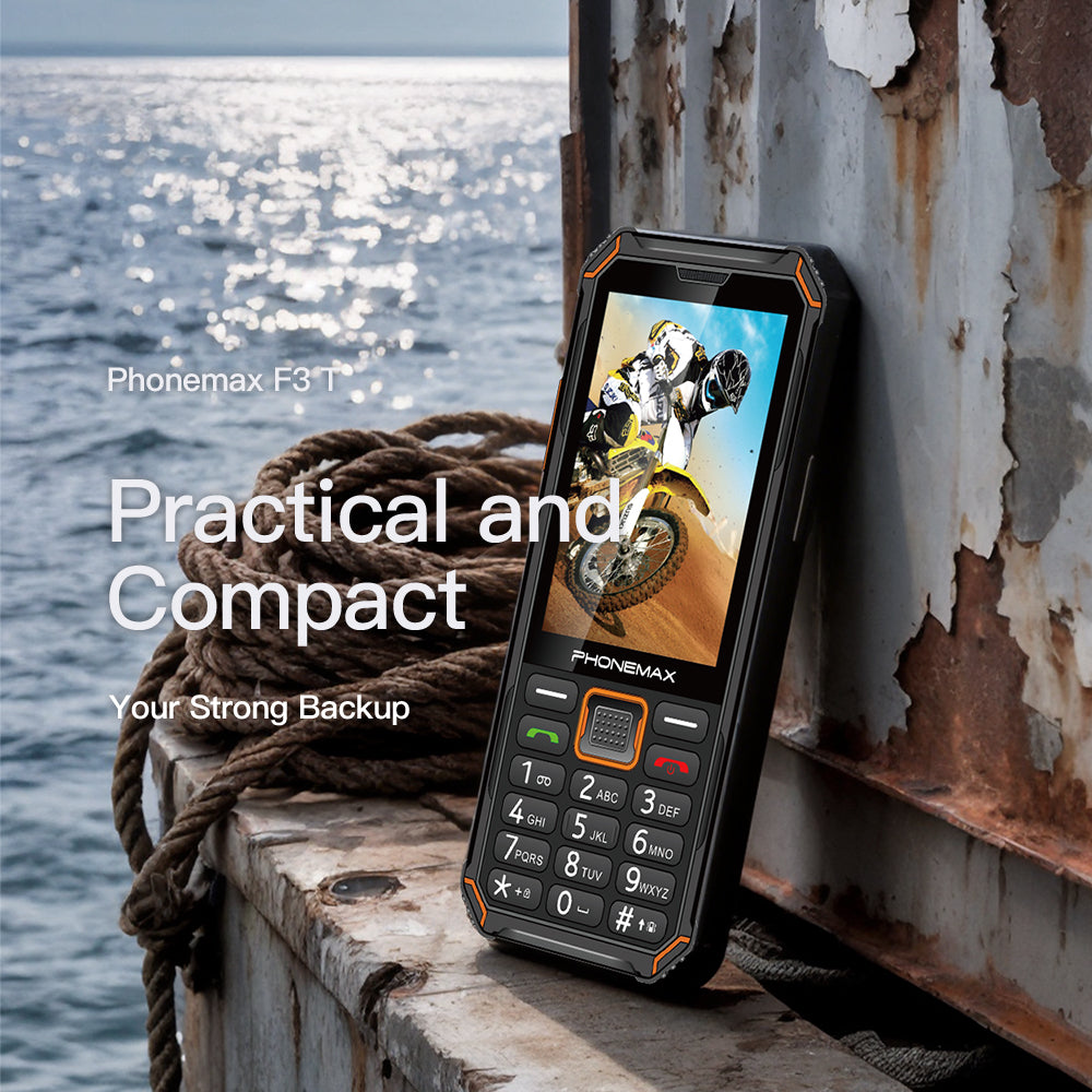 Phonemax F4 T rugged keypad phone beside marine rope, emphasizing its practical compact design