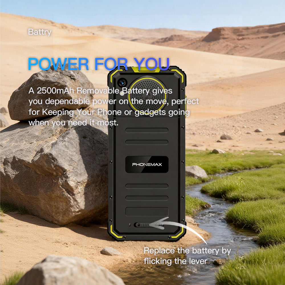 Rear view of a black and green Phonemax rugged keypad phone highlighting its 2500mAh removable battery