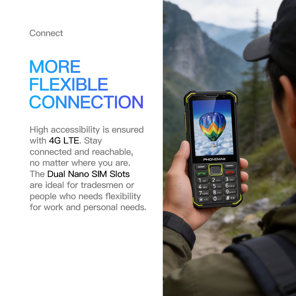 Phonemax F4 T rugged keypad phone held outdoors to highlight 4G LTE and dual Nano SIM connectivity