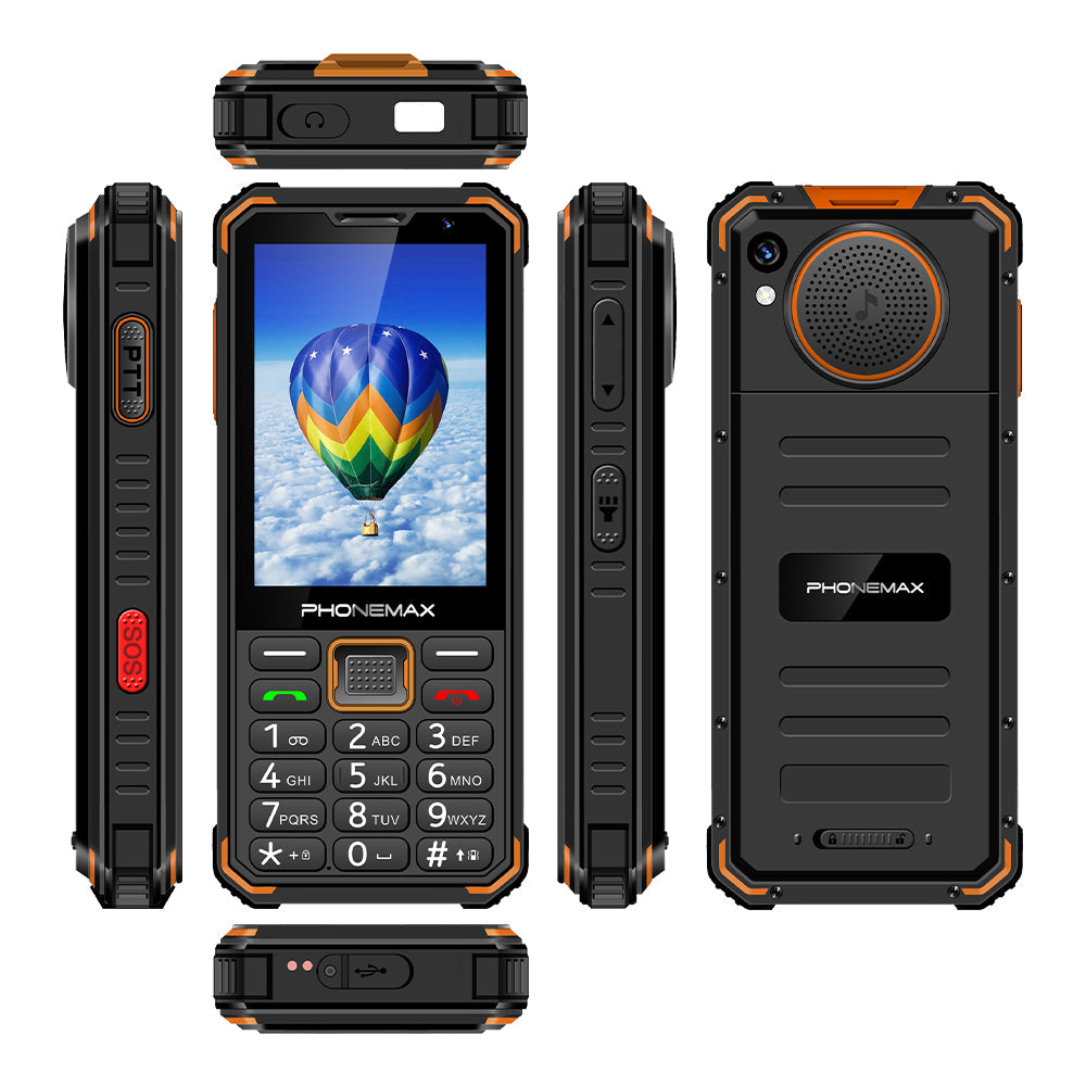 Orange and black Phonemax rugged keypad phone shown from front, rear, sides, top and bottom