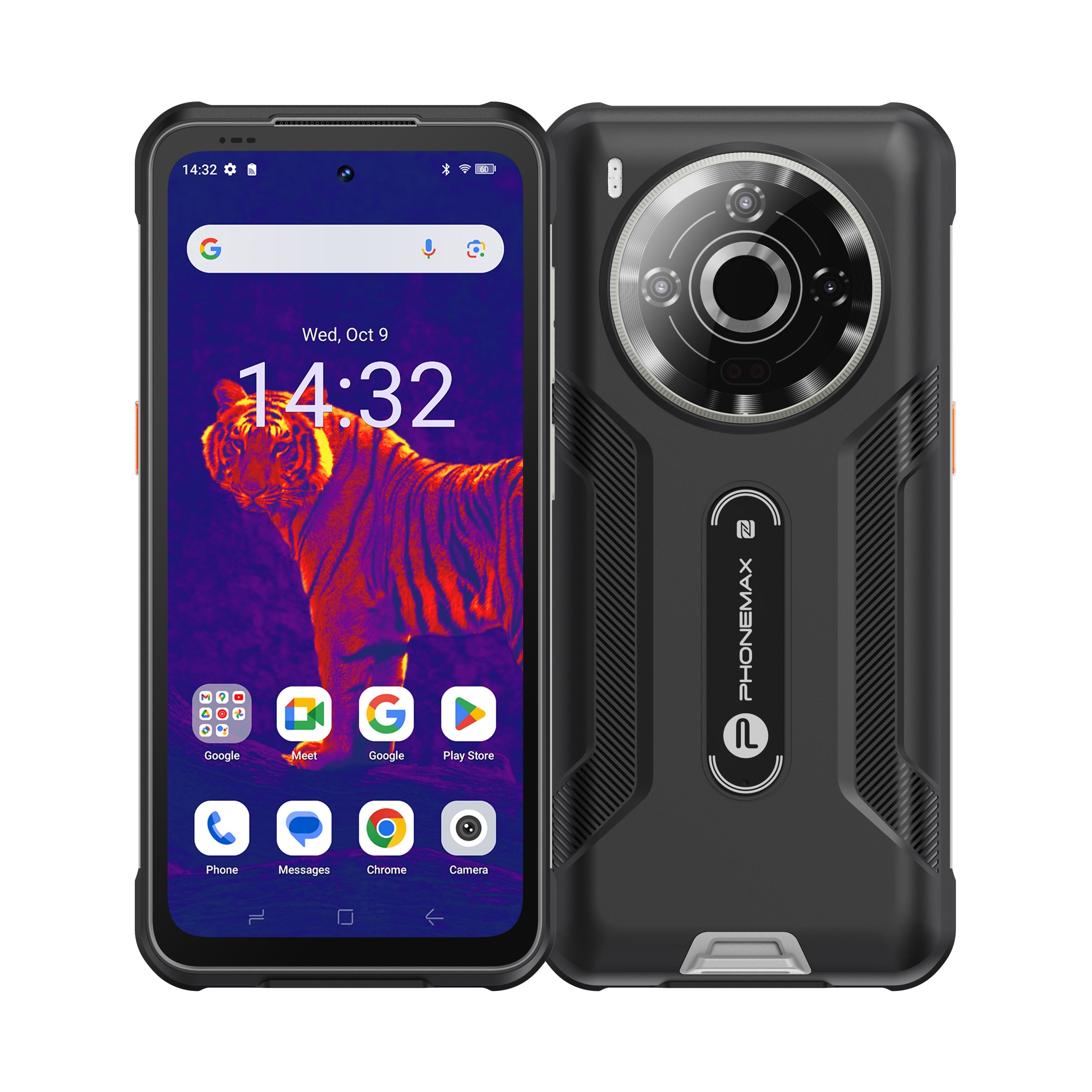 Black Phonemax P20 Pro rugged smartphone shown from the front and rear