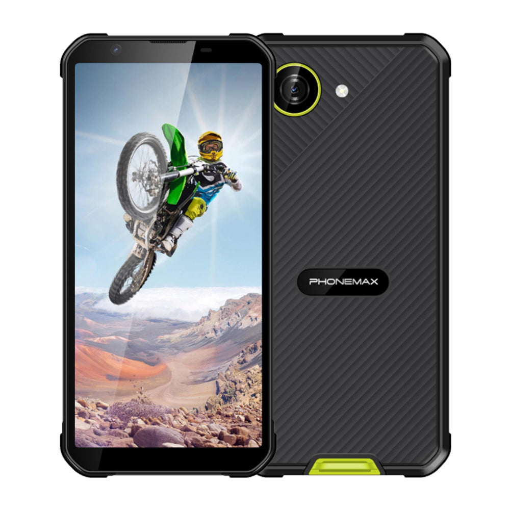 Black and green Phonemax X5 smartphone shown from the front and rear with a motocross image