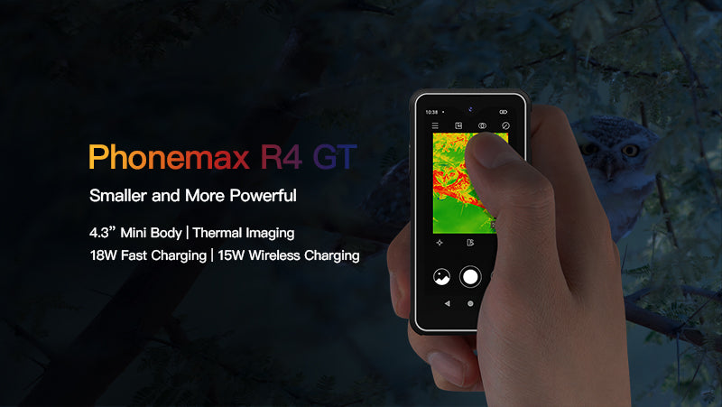 Phonemax R4 GT held in darkness with a thermal imaging view on its display