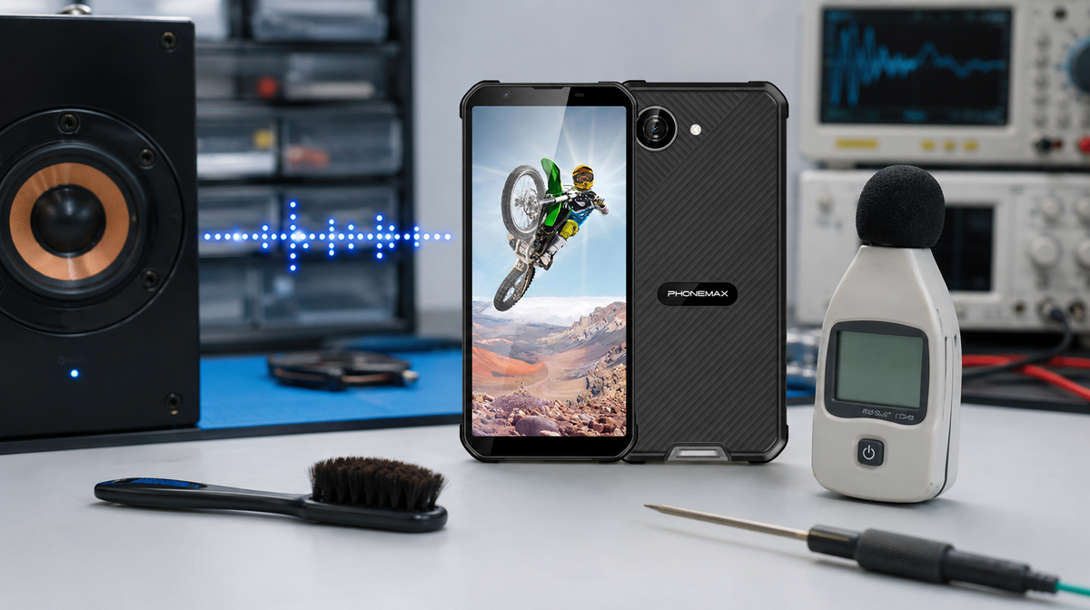 Phonemax X5 on a service bench beside a sound meter and speaker test equipment