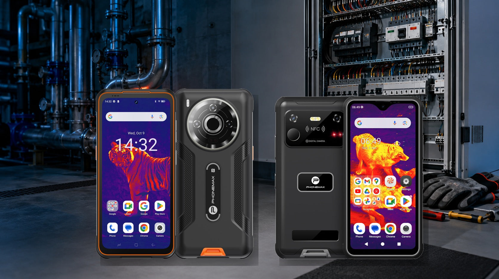 Phonemax P20 Pro and R4 GT thermal imaging rugged phones in an industrial inspection setting