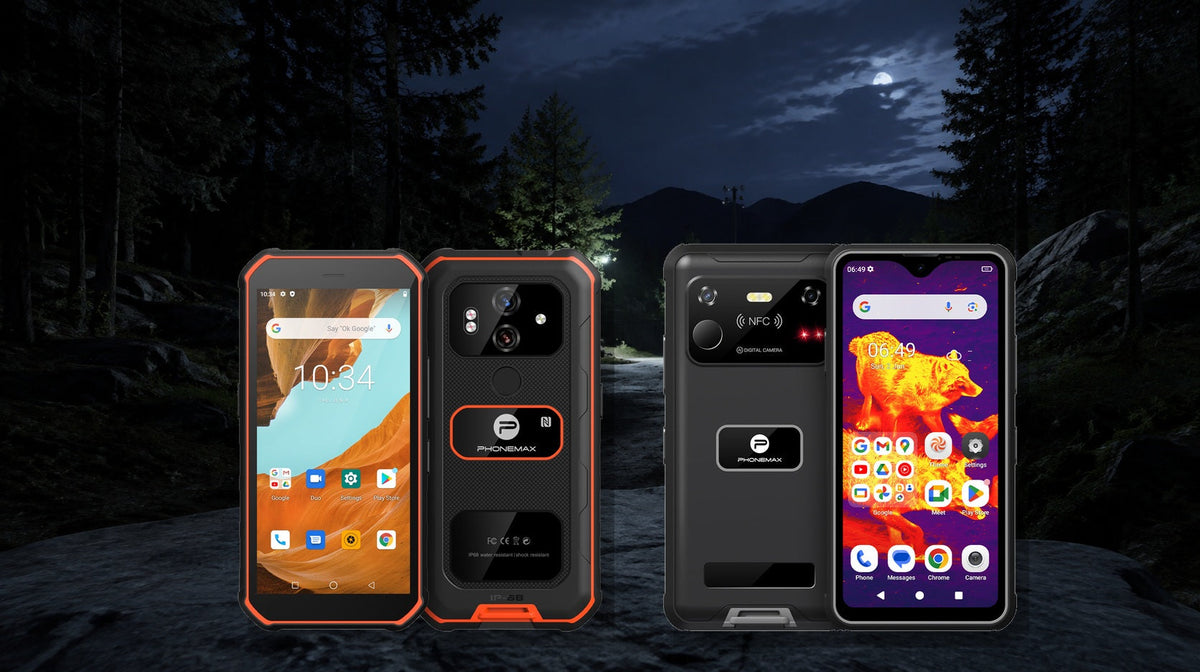 Phonemax X3 and R4 GT night vision rugged phones on a dark forest work trail