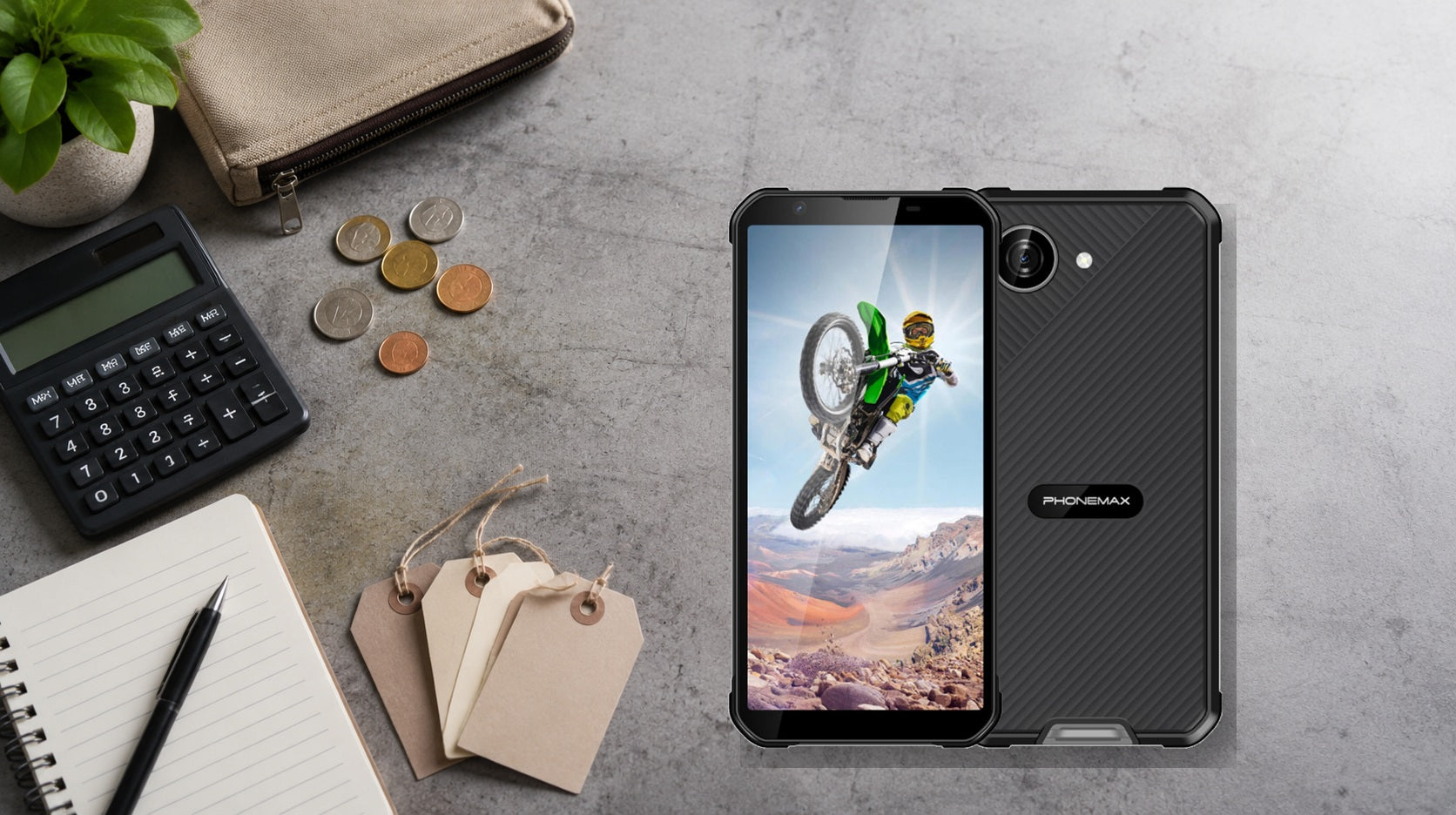 Phonemax X5 rugged phone beside a budget and total-cost checklist