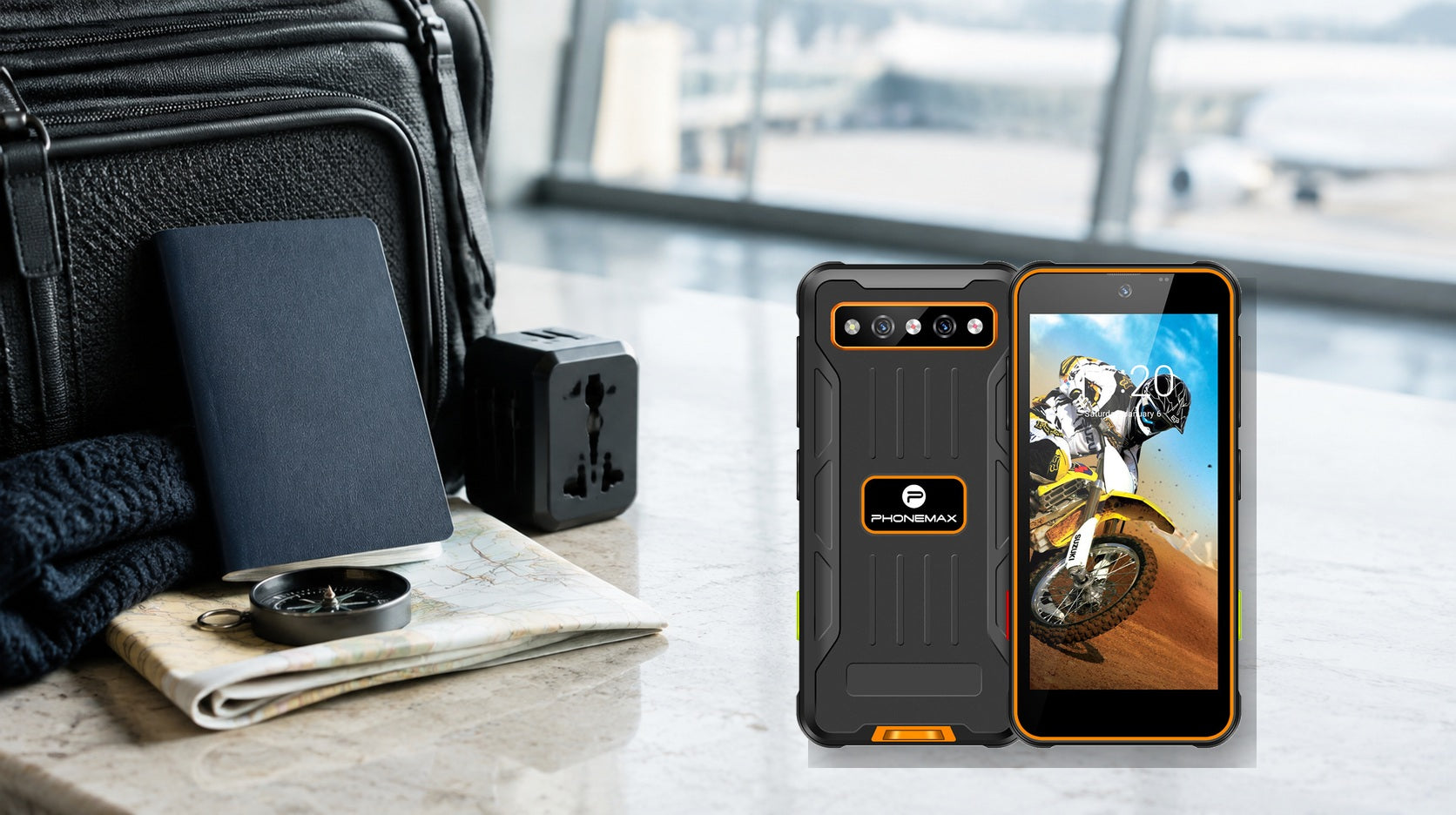 Phonemax R4 mini rugged backup phone packed with travel documents and a charging cable