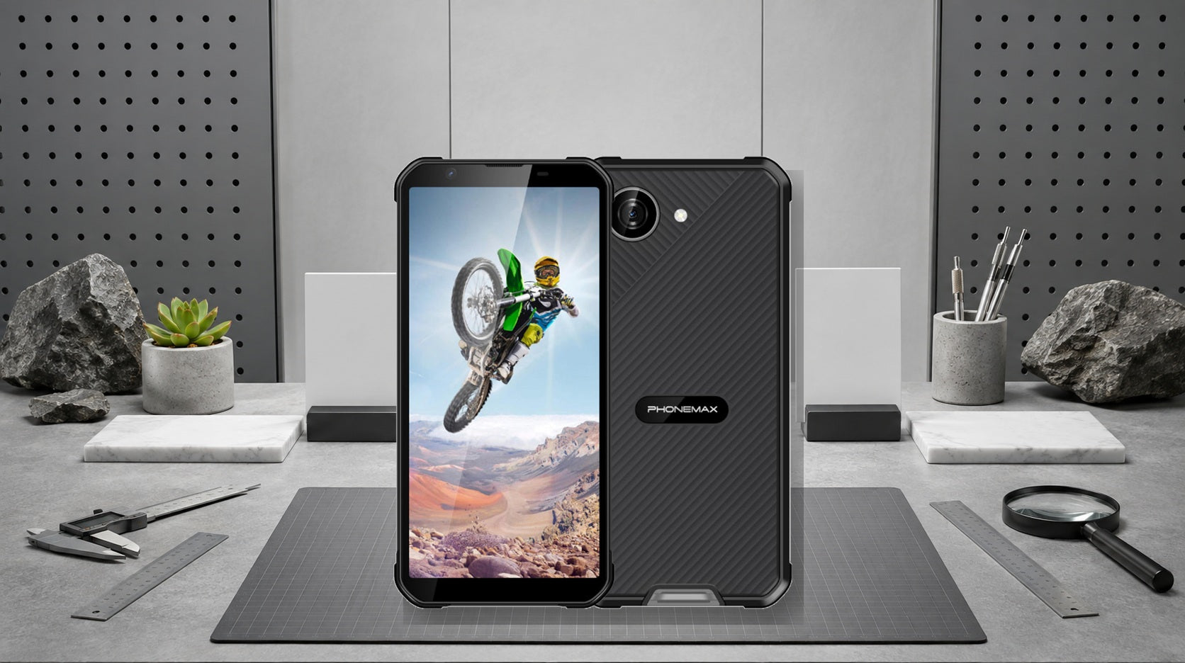 Phonemax X5 product page and rugged phone comparison checklist on a laptop