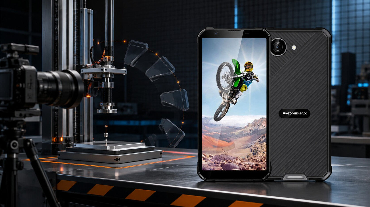 Phonemax X5 beside a controlled corner-drop evidence test rig
