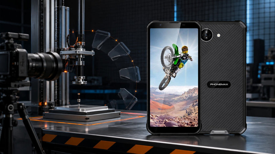 Phonemax X5 beside a controlled corner-drop evidence test rig
