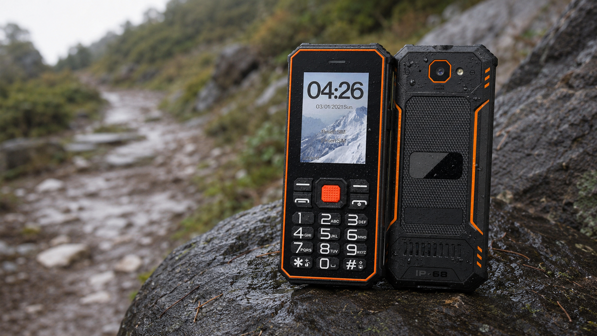 Orange and black Phonemax F2 rugged keypad phone standing on a muddy outdoor trail