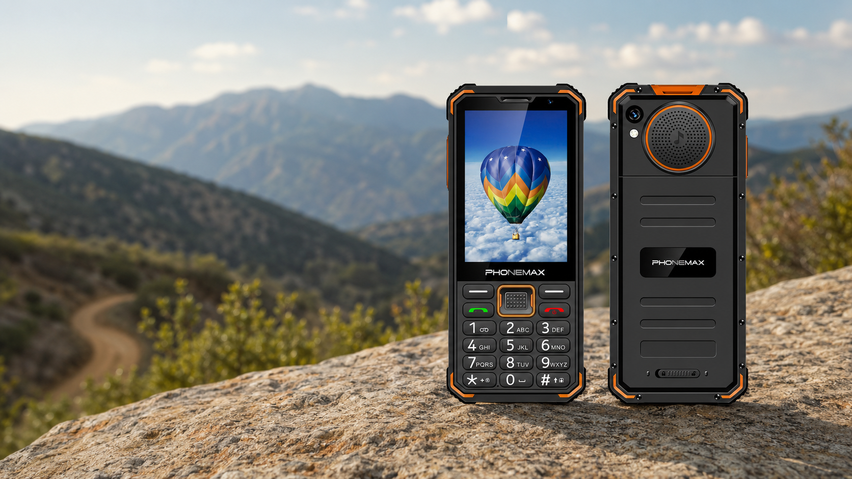 Phonemax F4 T Android keypad phone shown from the front and back outdoors