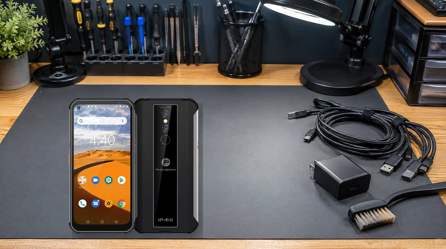 Phonemax P1 and USB charging accessories arranged for a troubleshooting check