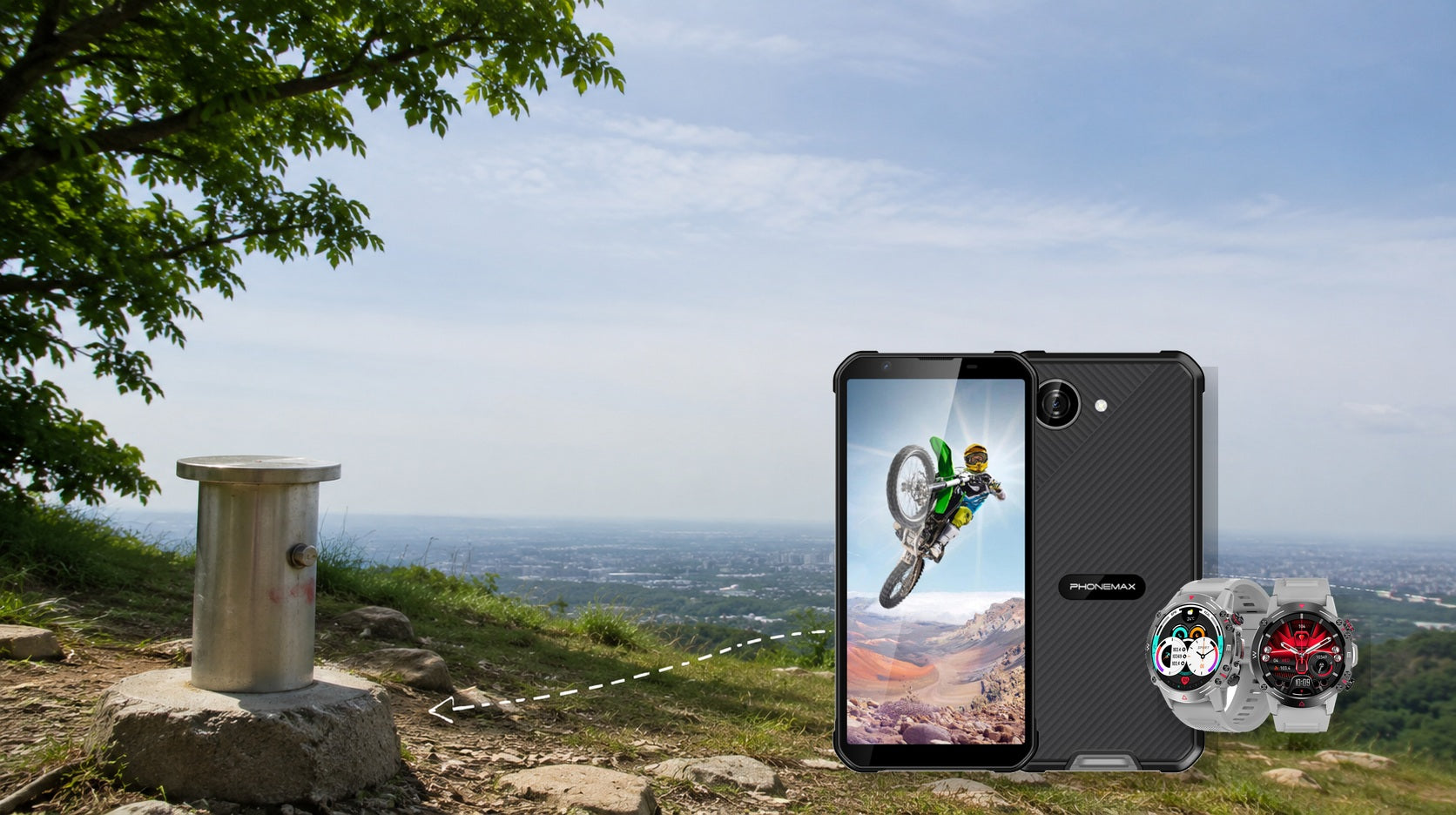Phonemax X5 and Watch 1 beside an open-sky GPS reference point
