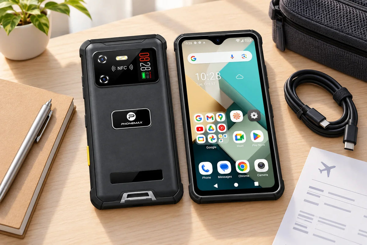 Phonemax R4-T with cable, notebook and pouch in a setup illustration