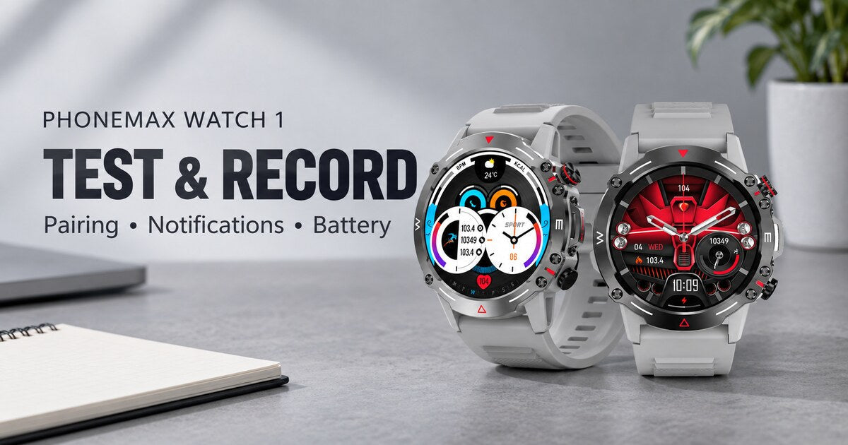 Phonemax Watch 1 in silver with pairing, notification and battery testing heading