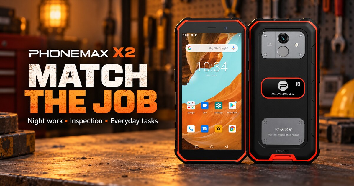 Phonemax X2 front and rear views with a work use case heading