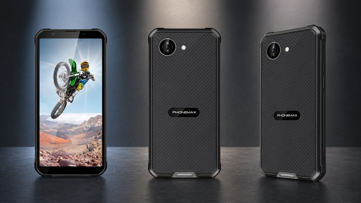 Exact Phonemax X5 phone shown in front, rear and three-quarter views for a version comparison guide