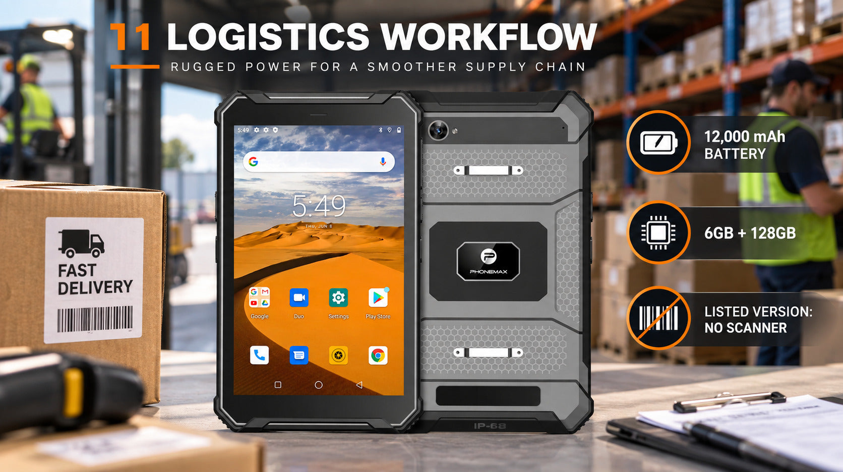 Phonemax T1 logistics workflow showing battery, memory and listed no-scanner configuration