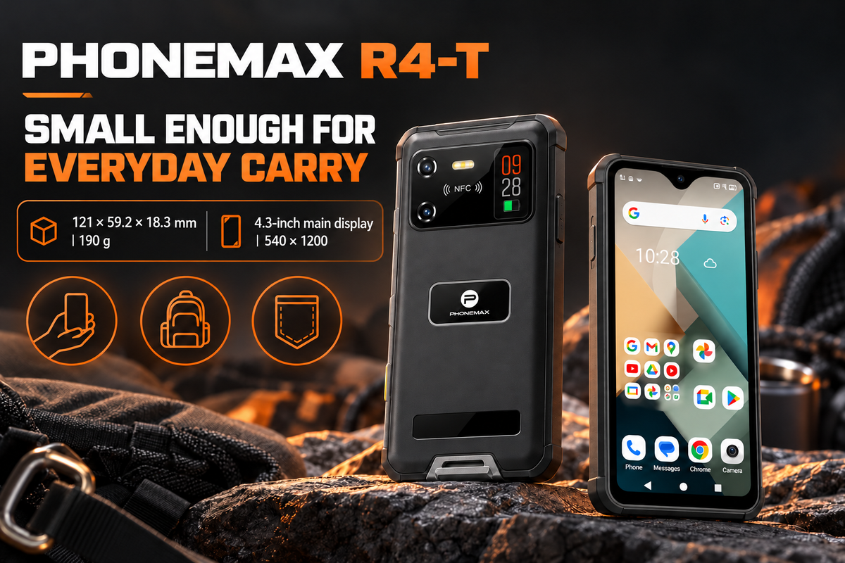 Phonemax R4-T 121 by 59.2 by 18.3 mm, 190g and 4.3-inch display