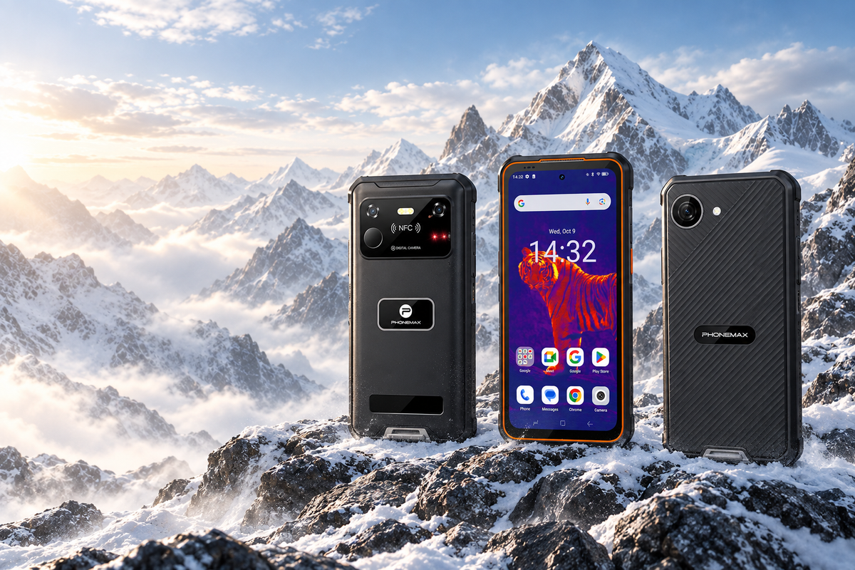 Phonemax R4 GT, P20 Pro and X5 rugged phones in a snow mountain environment
