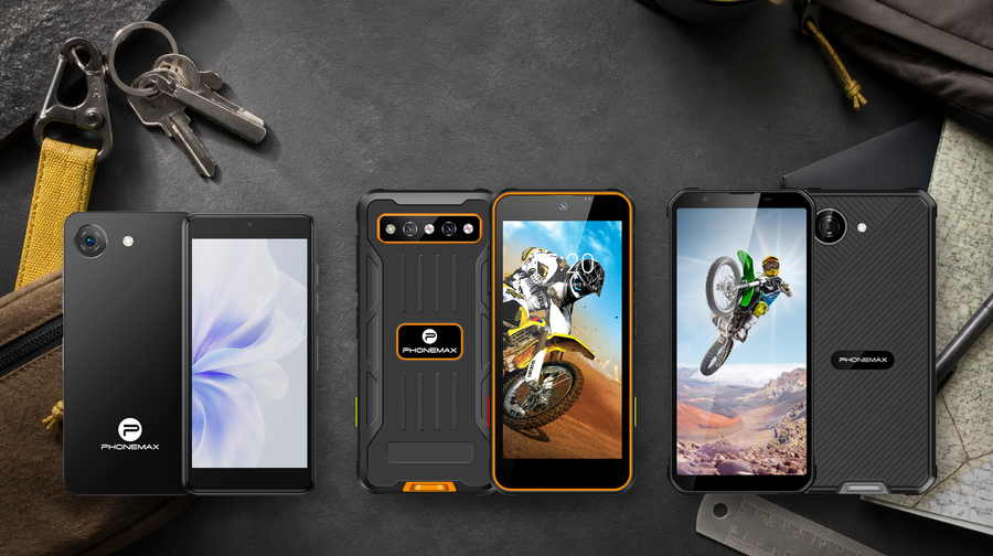 Phonemax Q9 Mini, R4 Mini and X5 official product cutouts integrated into an everyday-carry scene.