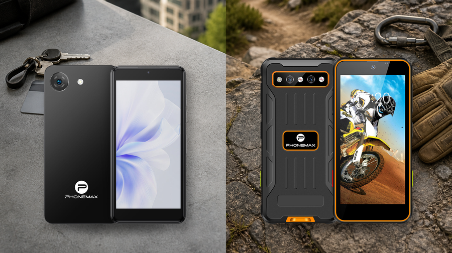 Phonemax Q9 Mini and R4 Mini official product cutouts in city and outdoor contexts.