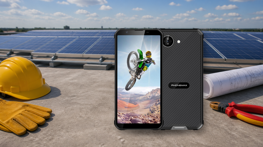 Phonemax X5 official product cutout integrated into a rooftop solar installation scene.