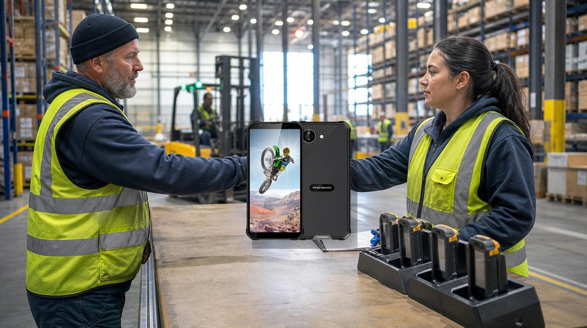 Warehouse workers handing over a Phonemax rugged phone