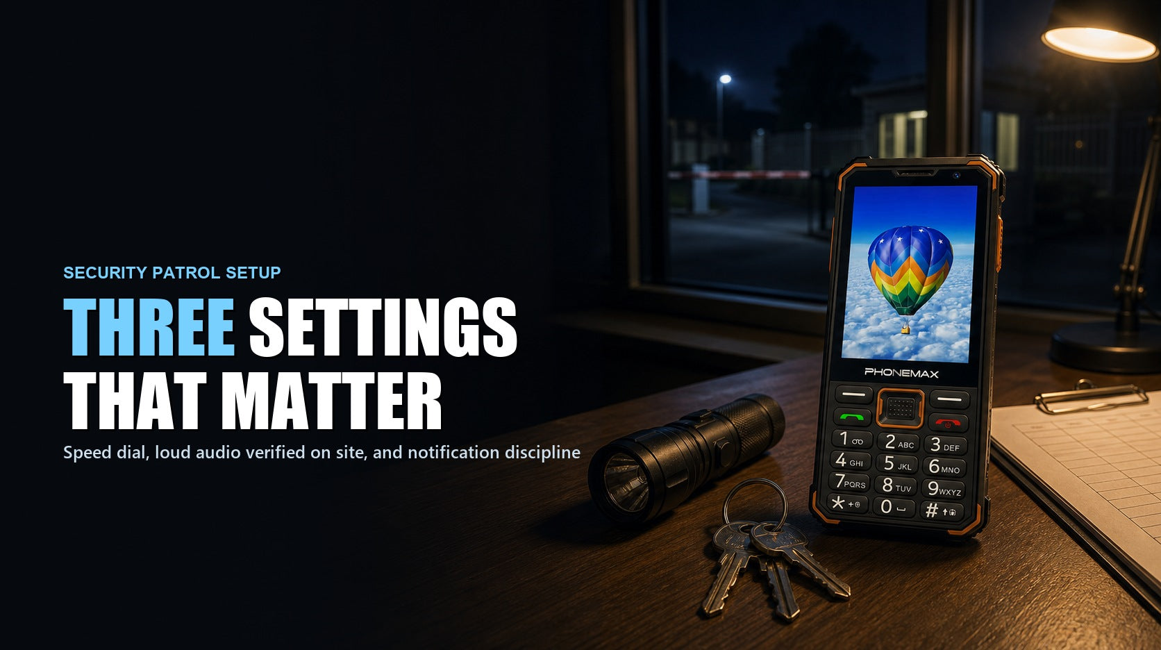 Phonemax F4 T keypad phone at a night guard post, headed with the three settings that matter for patrol work
