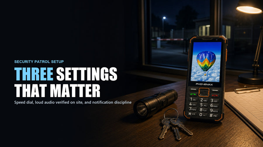 Phonemax F4 T keypad phone at a night guard post, headed with the three settings that matter for patrol work