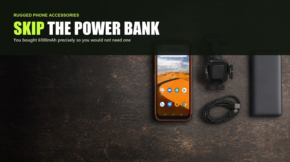 Phonemax P2 on a workbench with a vehicle mount, screen protector and braided cable, headed with advice to skip the power bank