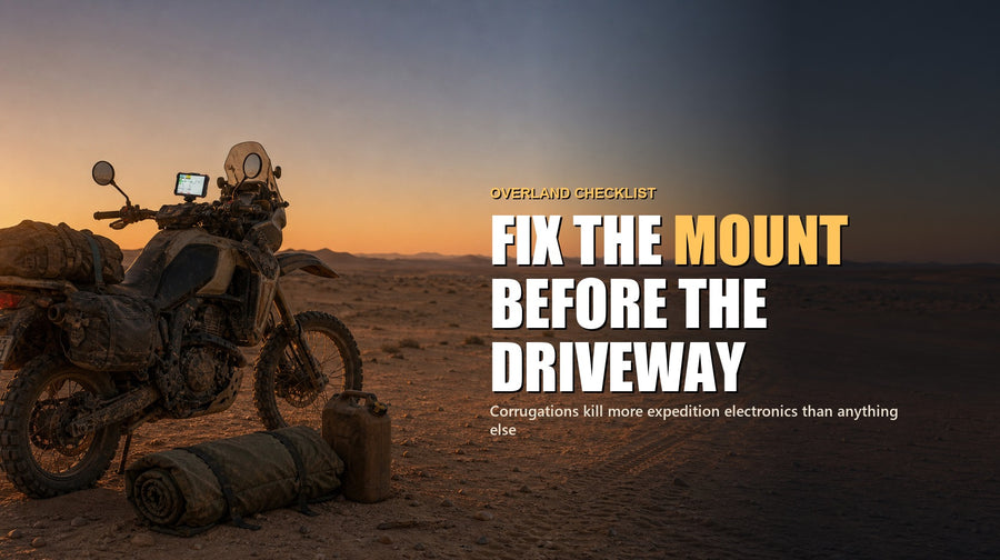 Phonemax N1 tablet mounted on a dust-covered overland vehicle at a remote camp, headed with advice to fix the mount before leaving
