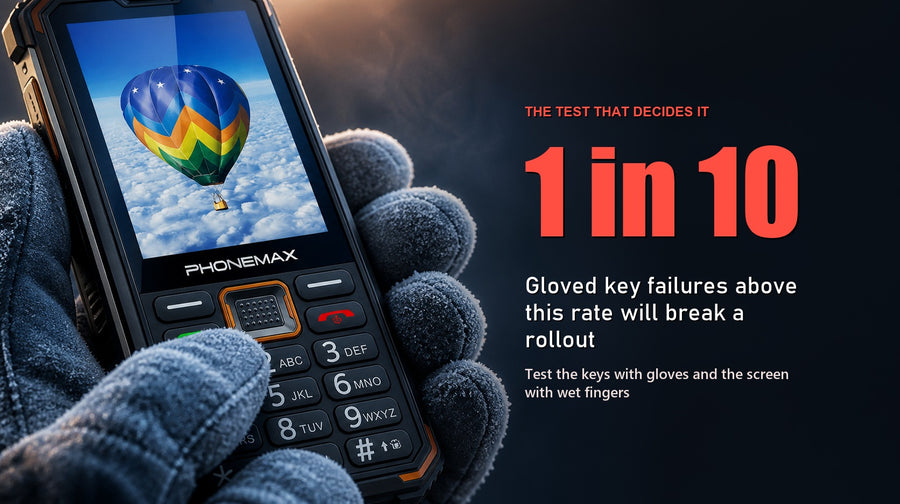 Gloved thumb pressing a large key on a Phonemax F4 T in cold conditions, headed with the one-in-ten gloved failure threshold