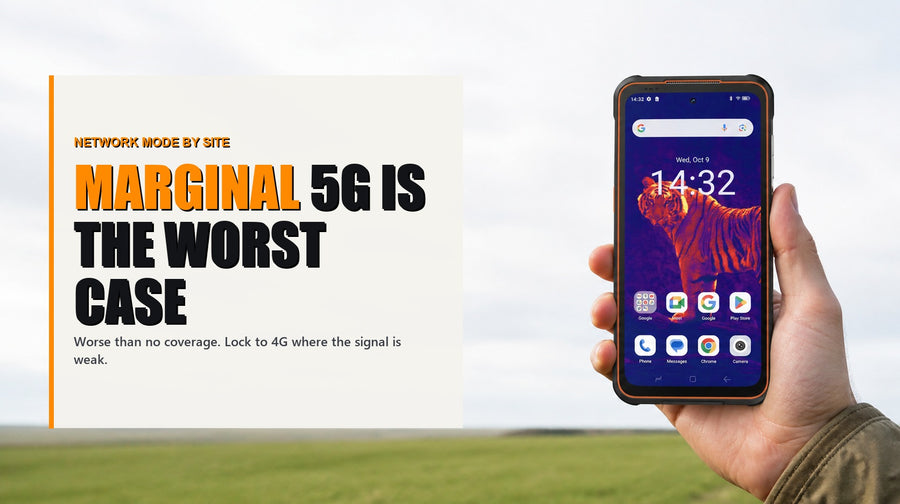 Phonemax P20 held at a rural field service site on the edge of coverage, headed with the point that marginal 5G is the worst case