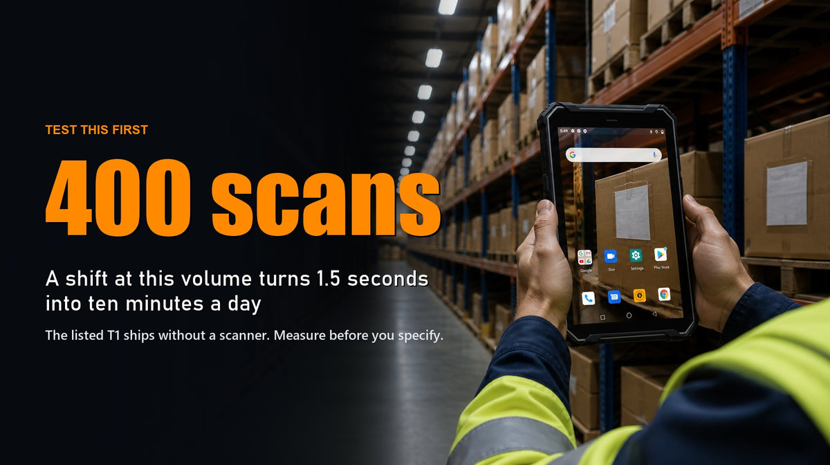 Phonemax T1 tablet camera-scanning a carton label in a warehouse aisle, headed with the arithmetic of 400 scans a shift