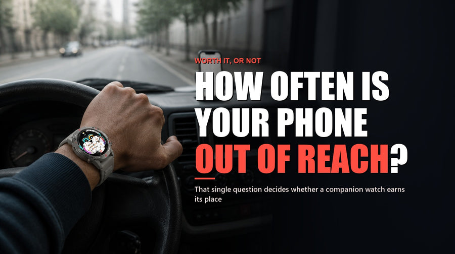 Phonemax Watch 1 glanced at by a delivery driver whose phone is mounted out of reach, headed with the question of how often the phone is unreachable