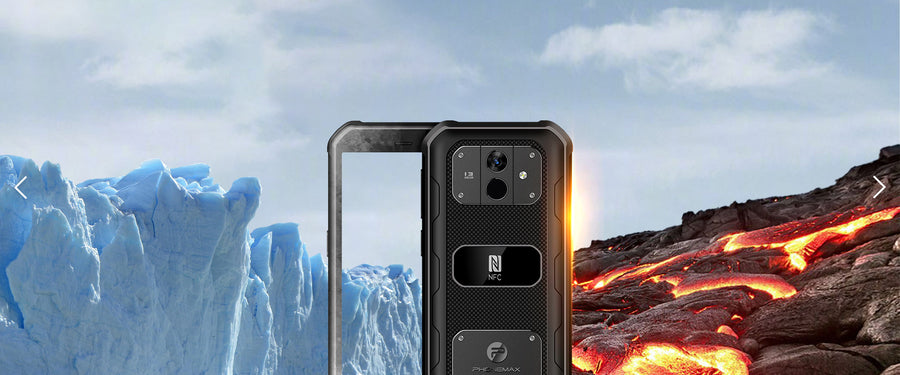 Phonemax rugged smartphone shown between icy and volcanic environments to represent temperature resistance