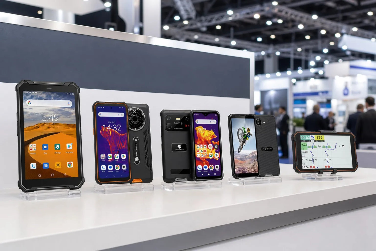 Phonemax rugged phones and tablets displayed on a booth counter at an international trade fair