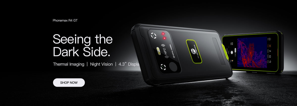 Phonemax R4 GT shown from front and rear with a thermal imaging display