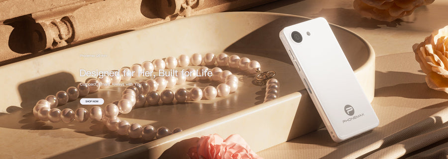 White Phonemax Q9 Mini phones displayed in slim side-profile views on a beige background