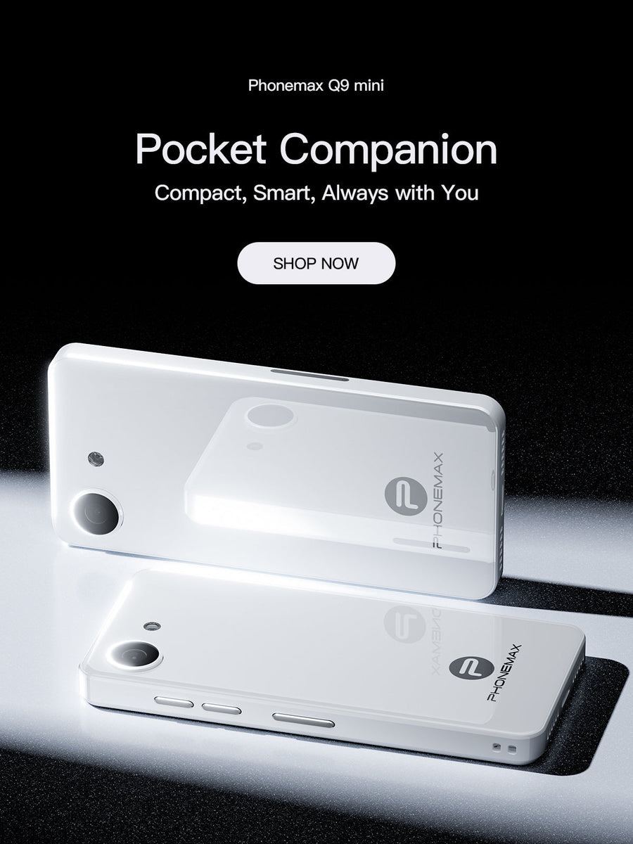 Two white Phonemax Q9 Mini compact phones displayed from the front and rear